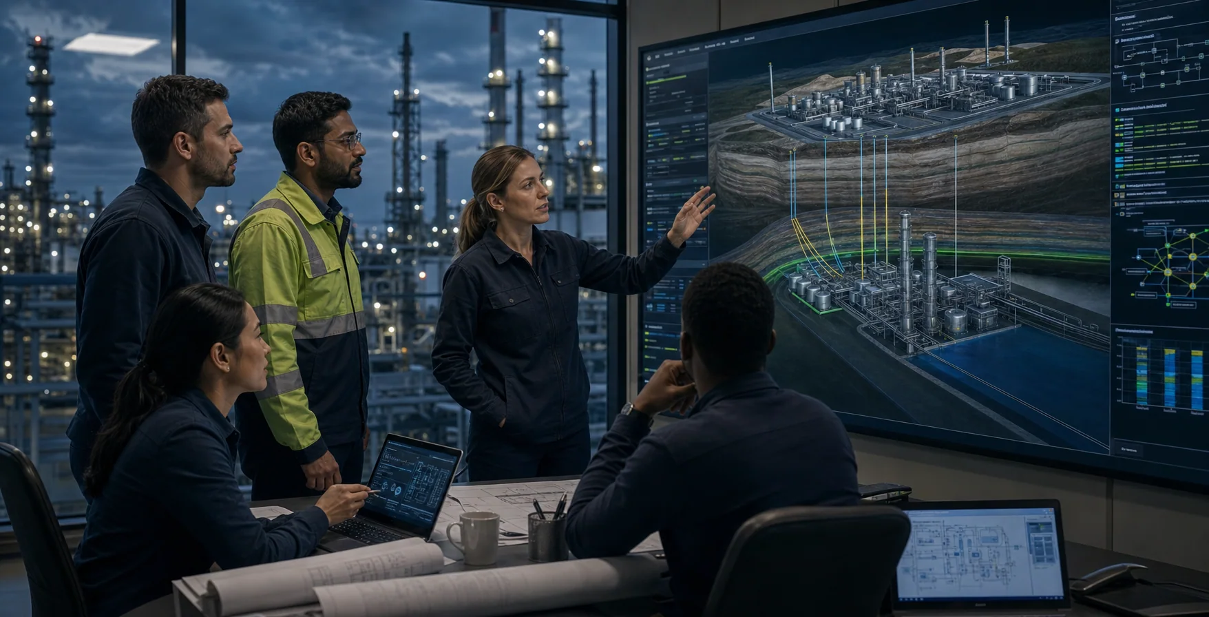 Illustrative engineering team reviewing an integrated-production recommendation alongside a physics-based digital twin.