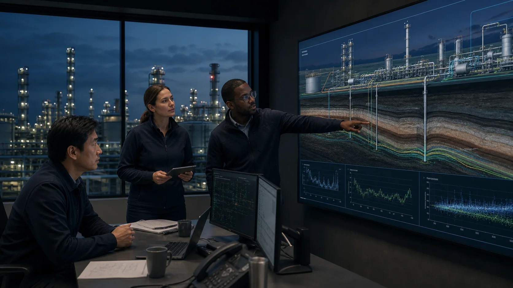 Reservoir and facilities engineers comparing measured asset behaviour with a coupled physics-based digital twin.